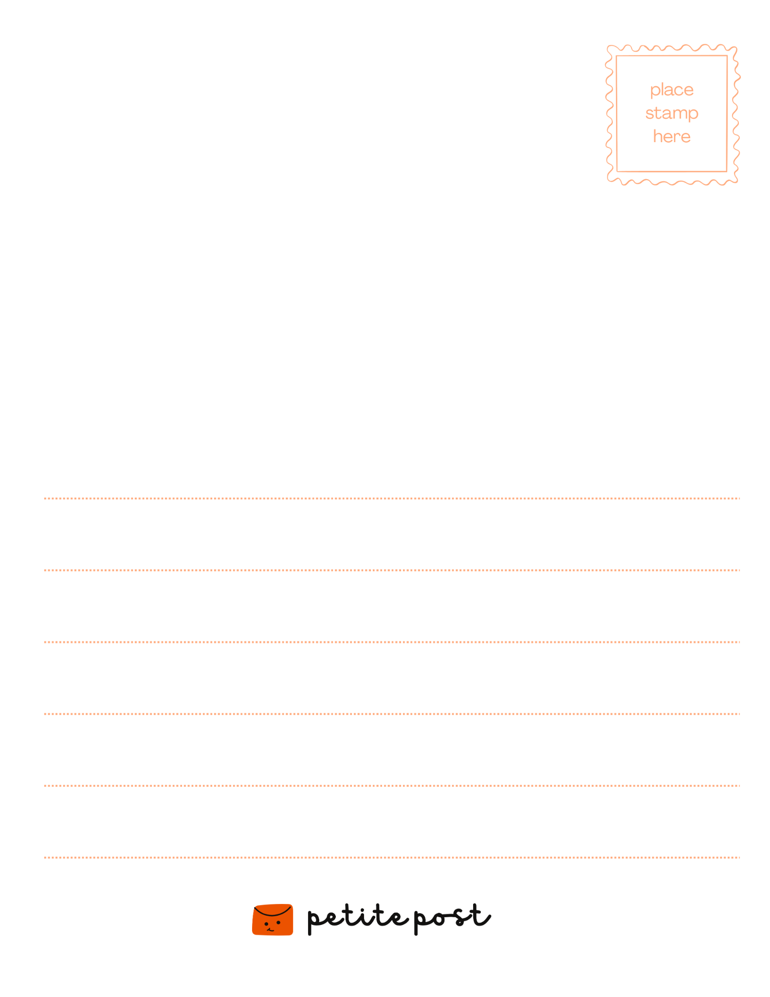 Petite Post postcard with an orange stamp box, six dotted writing lines, and the Petite Post logo